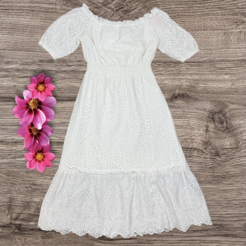 Betsey Johnson White Midi Eyelet Lace Off Shoulder Puff Sleeve Cotton Dress L